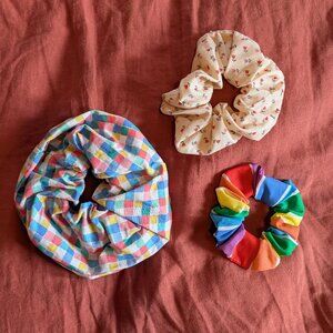 Set of Three Handmade Vintage Fabric Elastic Scrunchy Rainbow Floral Gingham